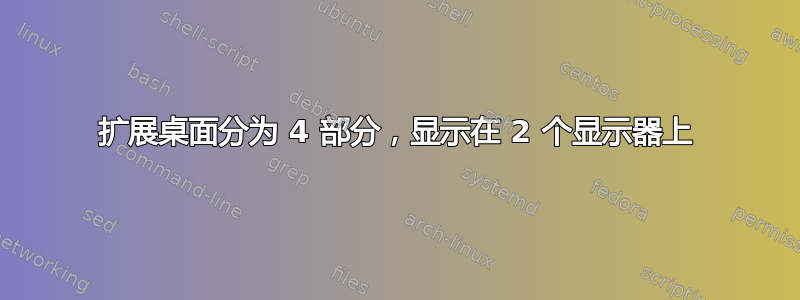 扩展桌面分为 4 部分，显示在 2 个显示器上