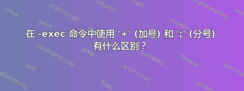 在 -exec 命令中使用 '+' (加号) 和 ';' (分号) 有什么区别？