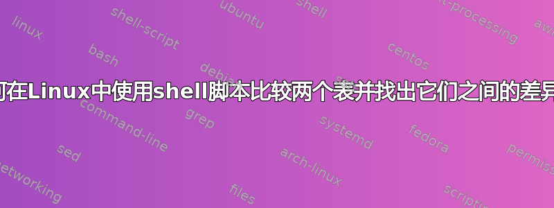 如何在Linux中使用shell脚本比较两个表并找出它们之间的差异？