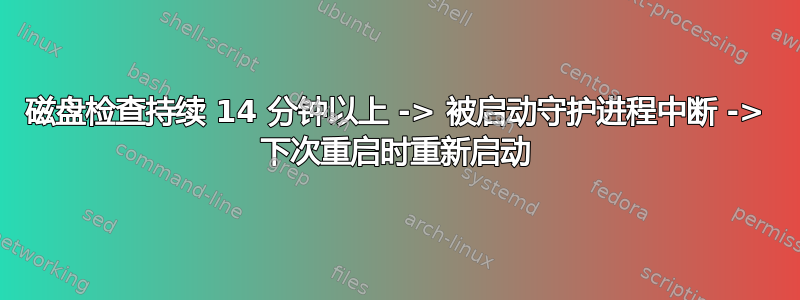 磁盘检查持续 14 分钟以上 -> 被启动守护进程中断 -> 下次重启时重新启动