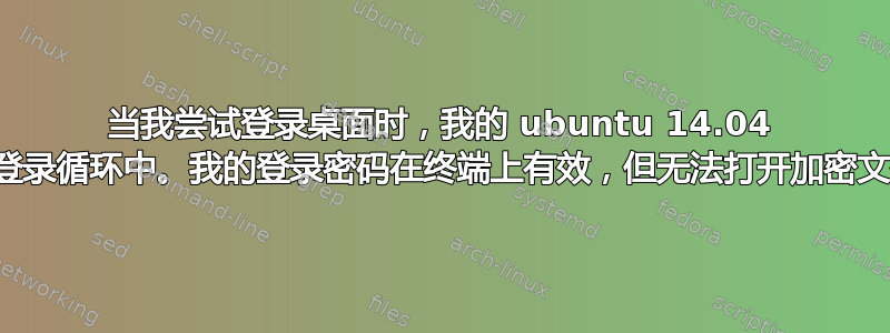 当我尝试登录桌面时，我的 ubuntu 14.04 卡在登录循环中。我的登录密码在终端上有效，但无法打开加密文件夹