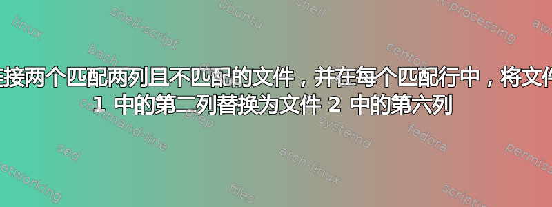 连接两个匹配两列且不匹配的文件，并在每个匹配行中，将文件 1 中的第二列替换为文件 2 中的第六列