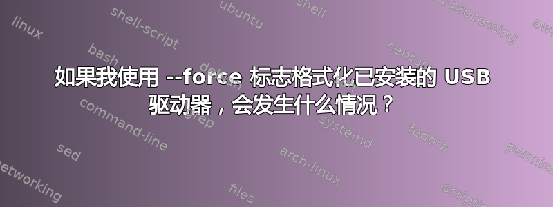 如果我使用 --force 标志格式化已安装的 USB 驱动器，会发生什么情况？