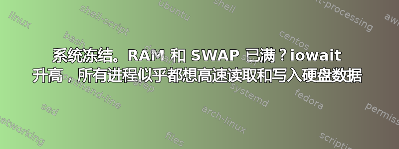 系统冻结。RAM 和 SWAP 已满？iowait 升高，所有进程似乎都想高速读取和写入硬盘数据