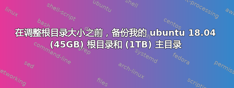 在调整根目录大小之前，备份我的 ubuntu 18.04 (45GB) 根目录和 (1TB) 主目录