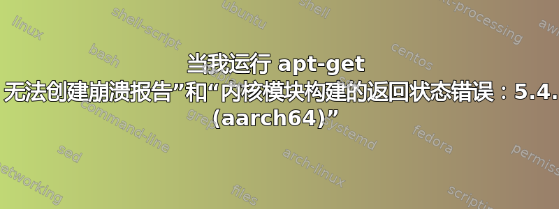 当我运行 apt-get 时，出现“错误！无法创建崩溃报告”和“内核模块构建的返回状态错误：5.4.0-1015-raspi (aarch64)”