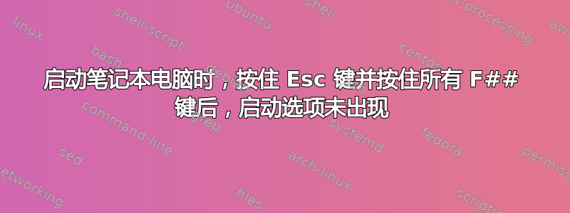 启动笔记本电脑时，按住 Esc 键并按住所有 F## 键后，启动选项未出现