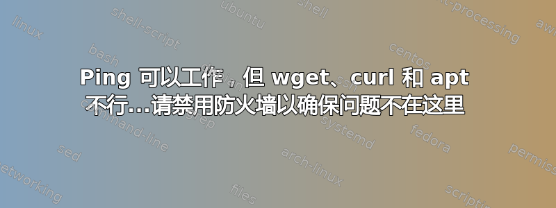 Ping 可以工作，但 wget、curl 和 apt 不行...请禁用防火墙以确保问题不在这里