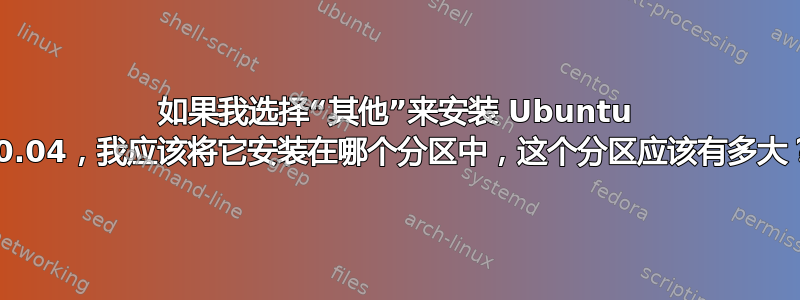 如果我选择“其他”来安装 Ubuntu 20.04，我应该将它安装在哪个分区中，这个分区应该有多大？