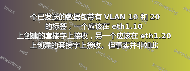 2 个已发送的数据包带有 VLAN 10 和 20 的标签，一个应该在 eth1.10 上创建的套接字上接收，另一个应该在 eth1.20 上创建的套接字上接收。但事实并非如此