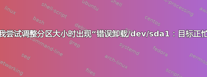 当我尝试调整分区大小时出现“错误卸载/dev/sda1：目标正忙”