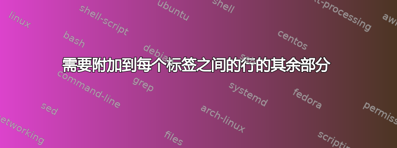 需要附加到每个标签之间的行的其余部分