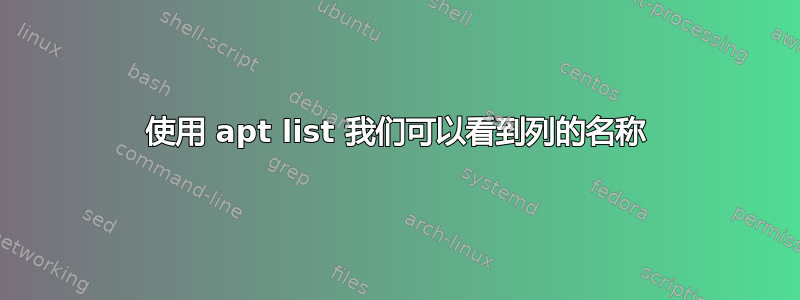 使用 apt list 我们可以看到列的名称