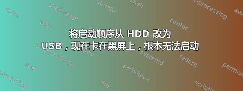 将启动顺序从 HDD 改为 USB，现在卡在黑屏上，根本无法启动