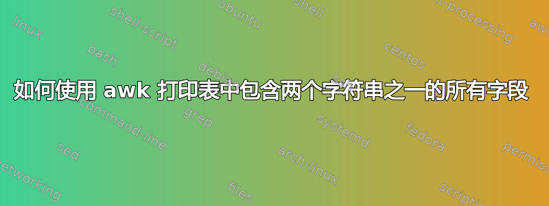 如何使用 awk 打印表中包含两个字符串之一的所有字段