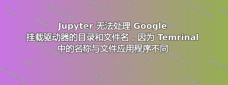 Jupyter 无法处理 Google 挂载驱动器的目录和文件名，因为 Temrinal 中的名称与文件应用程序不同