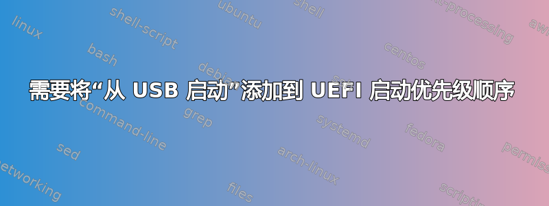 需要将“从 USB 启动”添加到 UEFI 启动优先级顺序