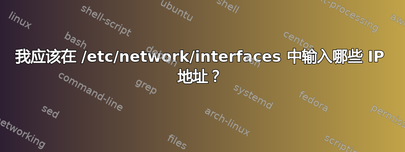 我应该在 /etc/network/interfaces 中输入哪些 IP 地址？