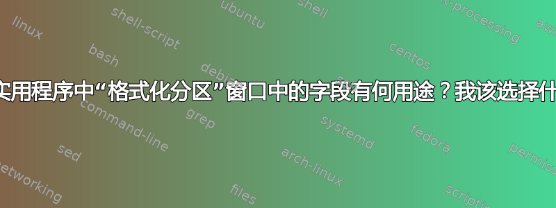 磁盘实用程序中“格式化分区”窗口中的字段有何用途？我该选择什么？