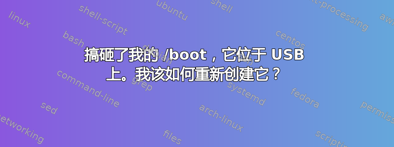 搞砸了我的 /boot，它位于 USB 上。我该如何重新创建它？