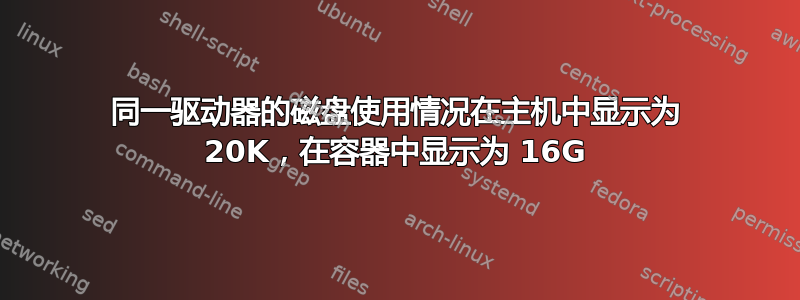 同一驱动器的磁盘使用情况在主机中显示为 20K，在容器中显示为 16G