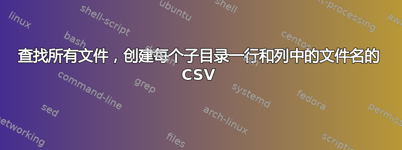 查找所有文件，创建每个子目录一行和列中的文件名的 CSV