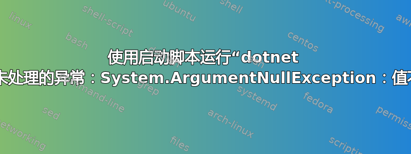 使用启动脚本运行“dotnet run”时出现“未处理的异常：System.ArgumentNullException：值不能为空”错误