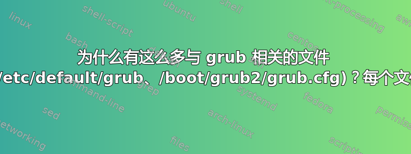 为什么有这么多与 grub 相关的文件 (/etc/grub.d/、/etc/default/grub、/boot/grub2/grub.cfg)？每个文件的用途是什么？